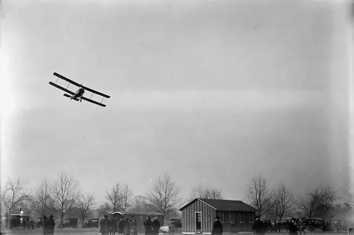 Framed Print : Allied Aircraft - Demonstration At Polo Grounds; Col. Charles E. Lee, British Aviator... 1917. Creator: Harris & Ewing. Allied Aircraft - Demonstration At Polo Grounds; Col. Charles E. Lee, British Aviator... 1917. Creator: Harris & Ewing