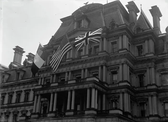 Framed Print : Allied Commission To U.S - Allied Flags On State Department, 1917. Creator: Harris & Ewing. Allied Commission To U.S - Allied Flags On State Department, 1917. Creator: Harris & Ewing Framed Print : Allied Commission To U.S - Allied Flags On State Department, 1917. Creator: Harris & Ewing. Allied Commission To U.S - Allied Flags On State Department, 1917. Creator: Harris & Ewing