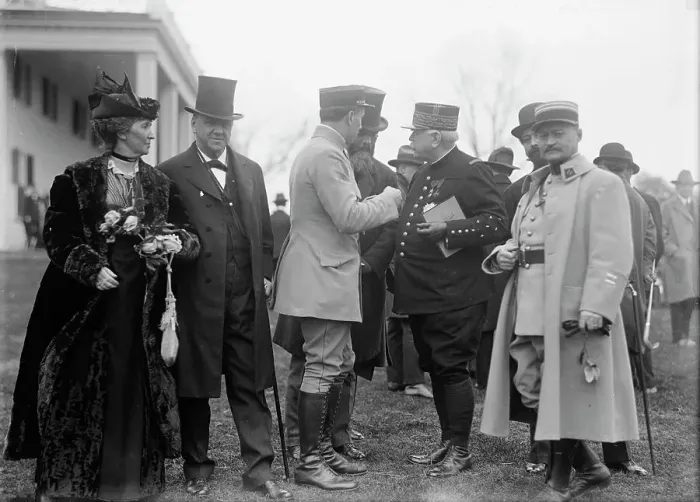 Framed Print : Allied Commission To U.S. Daniels; Joffre; Remon, 1917. Creator: Harris & Ewing. Allied Commission To U.S. Daniels; Joffre; Remon, 1917. Creator: Harris & Ewing