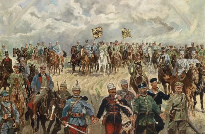 Framed Print : The allied monarchs with their commanders in the 1st World War, 1914-1918. Artist: Koch (1866-1934) Framed Print : The allied monarchs with their commanders in the 1st World War, 1914-1918. Artist: Koch (1866-1934)