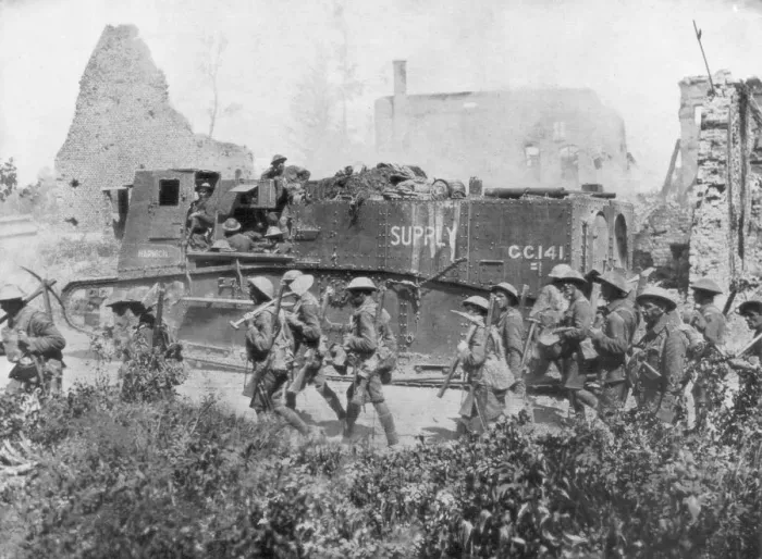 Framed Print : Allied troops marching through a liberated town, 27 October 1918 Framed Print : Allied troops marching through a liberated town, 27 October 1918