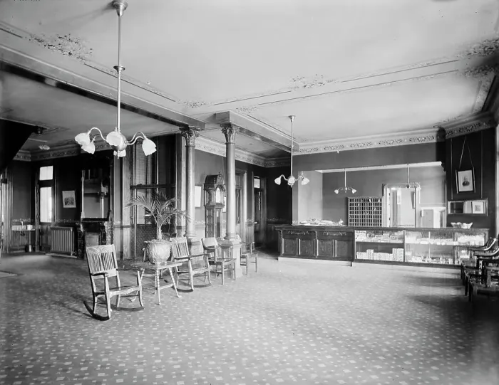 Framed Print : Alma Sanitarium, reception hall and office, Alma, Mich. between 1900 and 1910. Creator: William H. Jackson Framed Print : Alma Sanitarium, reception hall and office, Alma, Mich. between 1900 and 1910. Creator: William H. Jackson