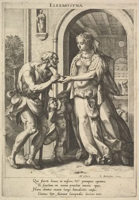 Framed Print : Alms-giving: a woman with pearl headdress and halo hands bread to two male beggars Framed Print : Alms-giving: a woman with pearl headdress and halo hands bread to two male beggars