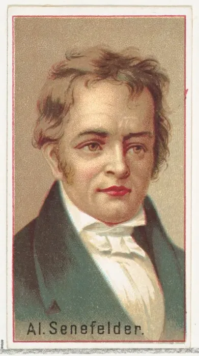 Framed Print : Alois Senefelder, printers sample for the Worlds Inventors souvenir album (A25 Framed Print : Alois Senefelder, printers sample for the Worlds Inventors souvenir album (A25