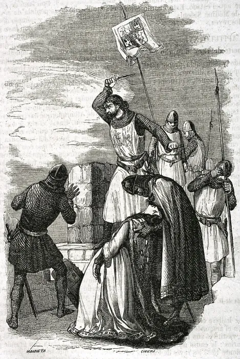 Framed Print : Alonso Perez de Guzman throwing his dagger during the siege of Tarifa, 1296, (1852). Creator: Ildefonso Cibera Framed Print : Alonso Perez de Guzman throwing his dagger during the siege of Tarifa, 1296, (1852). Creator: Ildefonso Cibera