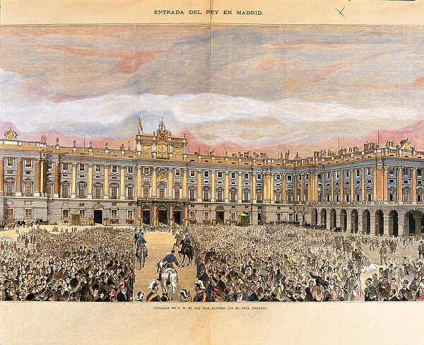 Alphonse XII, entry into the palace of Oriente in 1875, colored engraving of La