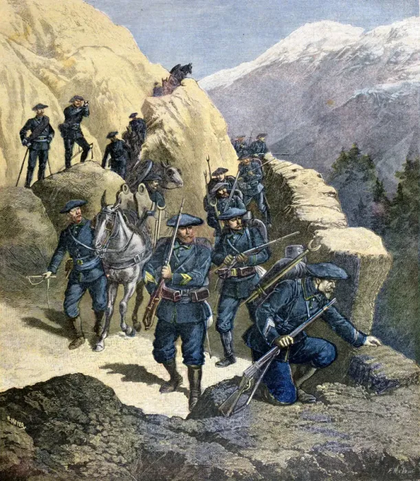 Framed Print : Alpine Chasseurs, 1891. Artist: F Meaulle Framed Print : Alpine Chasseurs, 1891. Artist: F Meaulle