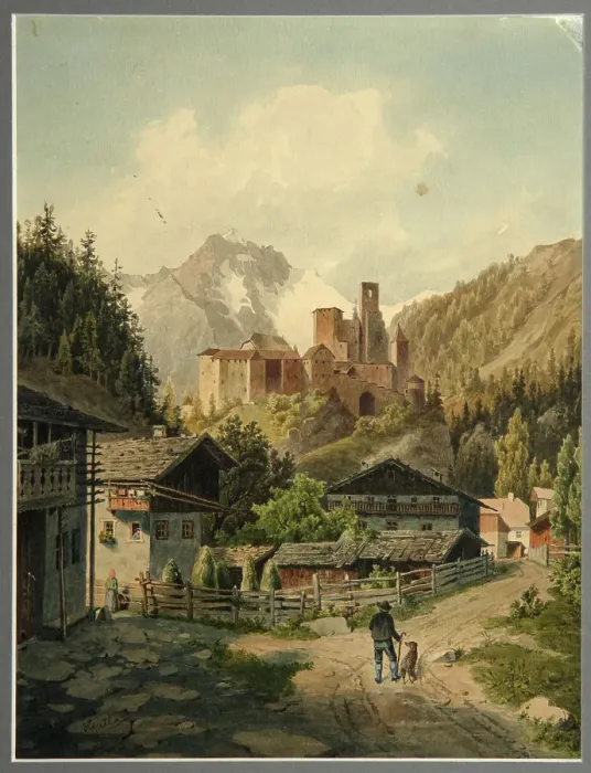 Framed Print : Alpine landscape with a castle. Artist: Gatt, Ferdinand (1847-1909) Framed Print : Alpine landscape with a castle. Artist: Gatt, Ferdinand (1847-1909)