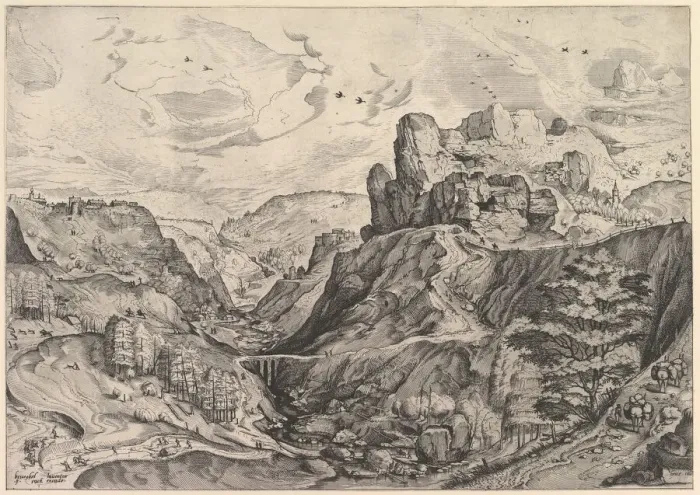 Framed Print : Alpine Landscape with a Deep Valley from The Large Landscapes, ca. 1555-56 Framed Print : Alpine Landscape with a Deep Valley from The Large Landscapes, ca. 1555-56