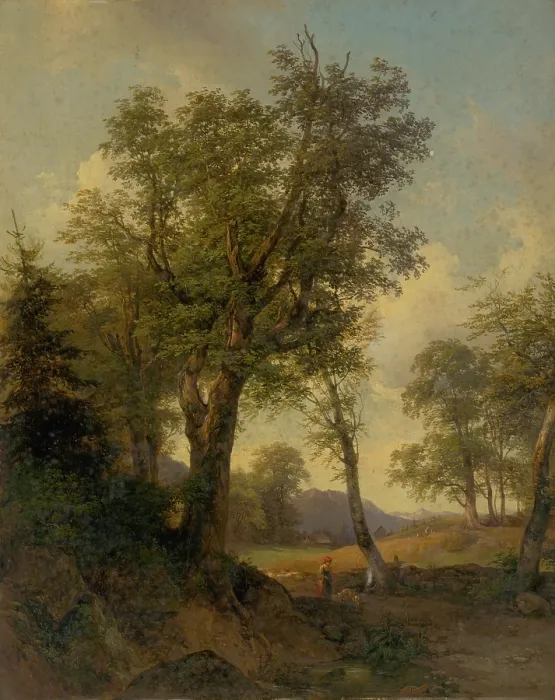 Framed Print : Alpine landscape with trees in the foreground, 1852. Creator: Joseph Hoger Framed Print : Alpine landscape with trees in the foreground, 1852. Creator: Joseph Hoger