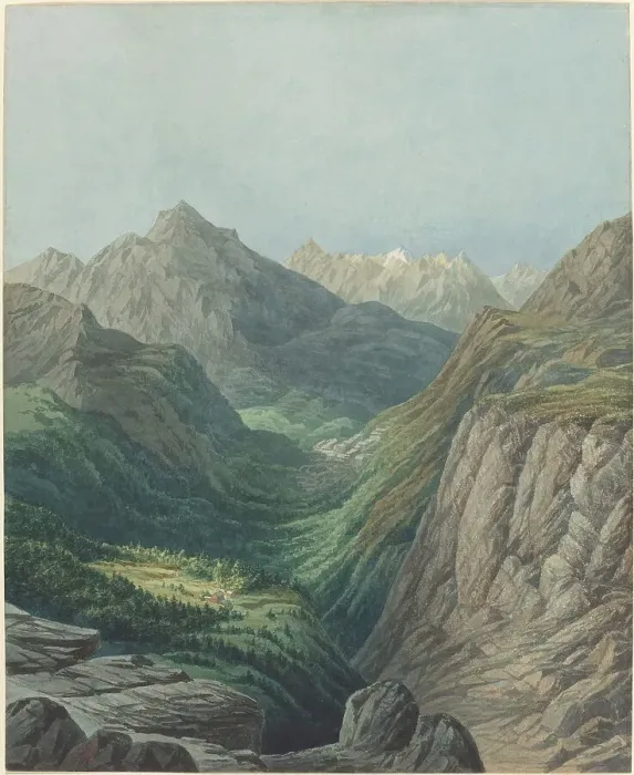 Framed Print : An Alpine Valley, 1878. Creator: Rodolphe Leon Berthoud Framed Print : An Alpine Valley, 1878. Creator: Rodolphe Leon Berthoud