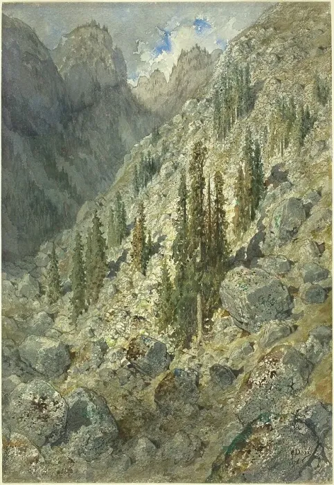 Framed Print : An Alpine Valley with Trees and Boulders, 1876. Creator: Gustave Doré Framed Print : An Alpine Valley with Trees and Boulders, 1876. Creator: Gustave Doré