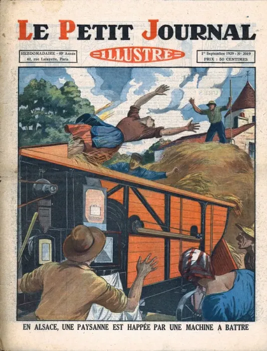 Framed Print : In Alsace, a peasant woman is caught in a threshing machine, 1929. Creator: Unknown Framed Print : In Alsace, a peasant woman is caught in a threshing machine, 1929. Creator: Unknown