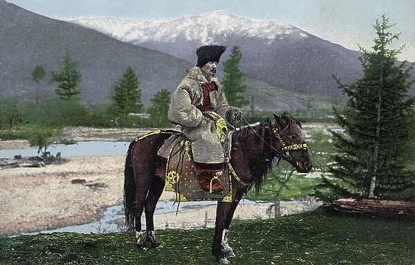 Altai Man in National Costume (Hat: Kuaraan Boruk, Sheepskin Coat: Ton, with a..., 1911-1913. Creator: Sergei Ivanovich Borisov)