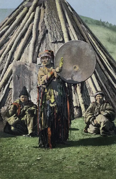 Framed Print : Altai Shaman with Tambourine in Front of a Traditional Dwelling (Chaadyr), 1911-1913. Creator: Sergei Ivanovich Borisov Framed Print : Altai Shaman with Tambourine in Front of a Traditional Dwelling (Chaadyr), 1911-1913. Creator: Sergei Ivanovich Borisov