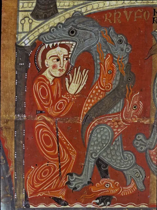Framed Print : Detail of the altar front in the chapel of Santa Margarita, with a scene of a dragon Framed Print : Detail of the altar front in the chapel of Santa Margarita, with a scene of a dragon
