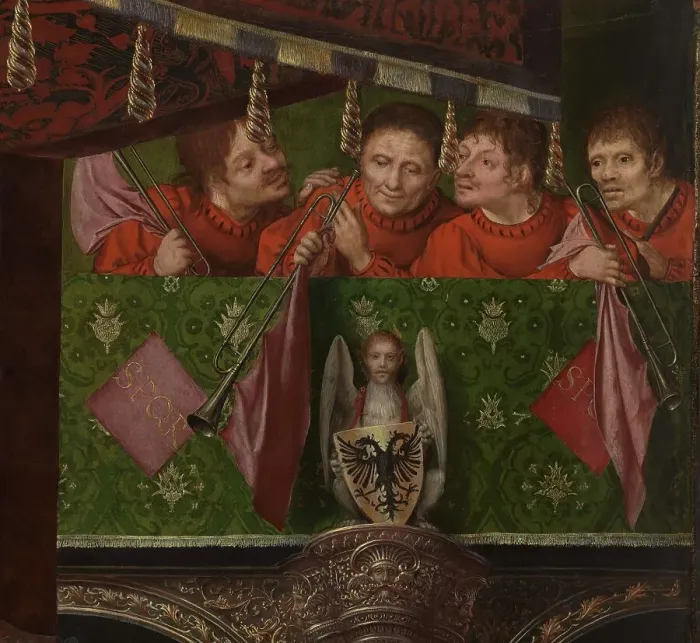 Framed Print : Altarpiece of the Joiners Guild. Detail: the trumpeters, 1511. Creator: Massys, Quentin (1466-1530) Framed Print : Altarpiece of the Joiners Guild. Detail: the trumpeters, 1511. Creator: Massys, Quentin (1466-1530)
