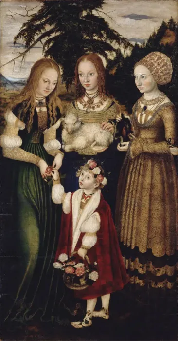 Framed Print : Altarpiece with the Martyrdom of Saint Catharine, left wing: The Saints Dorothea, Agnes and Cunigund Artist: Cranach, Lucas, the Elder (1472-1553) Framed Print : Altarpiece with the Martyrdom of Saint Catharine, left wing: The Saints Dorothea, Agnes and Cunigund Artist: Cranach, Lucas, the Elder (1472-1553)