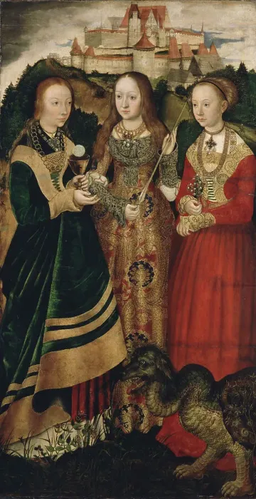Framed Print : Altarpiece with the Martyrdom of Saint Catharine, right wing: The Saint Barbara, Ursula and Margaret Artist: Cranach, Lucas, the Elder (1472-1553) Framed Print : Altarpiece with the Martyrdom of Saint Catharine, right wing: The Saint Barbara, Ursula and Margaret Artist: Cranach, Lucas, the Elder (1472-1553)