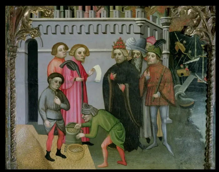Framed Print : Altarpiece of Saint Michael and Saint Nicolas. Scene of the prodigious reproduction of the corn Framed Print : Altarpiece of Saint Michael and Saint Nicolas. Scene of the prodigious reproduction of the corn