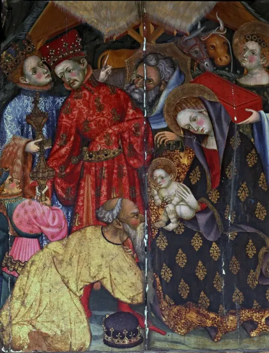 Framed Print : Altarpiece of Santa Maria of Santes Creus, detail The Adoration of the Kings. Painting on wood Framed Print : Altarpiece of Santa Maria of Santes Creus, detail The Adoration of the Kings. Painting on wood