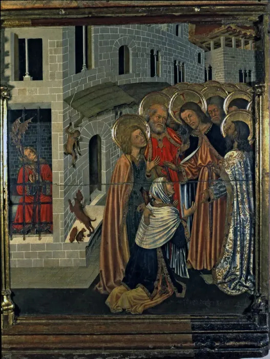 Framed Print : Altarpiece of the Transfiguration, detail Healing the possessed in the Table of the predella Framed Print : Altarpiece of the Transfiguration, detail Healing the possessed in the Table of the predella