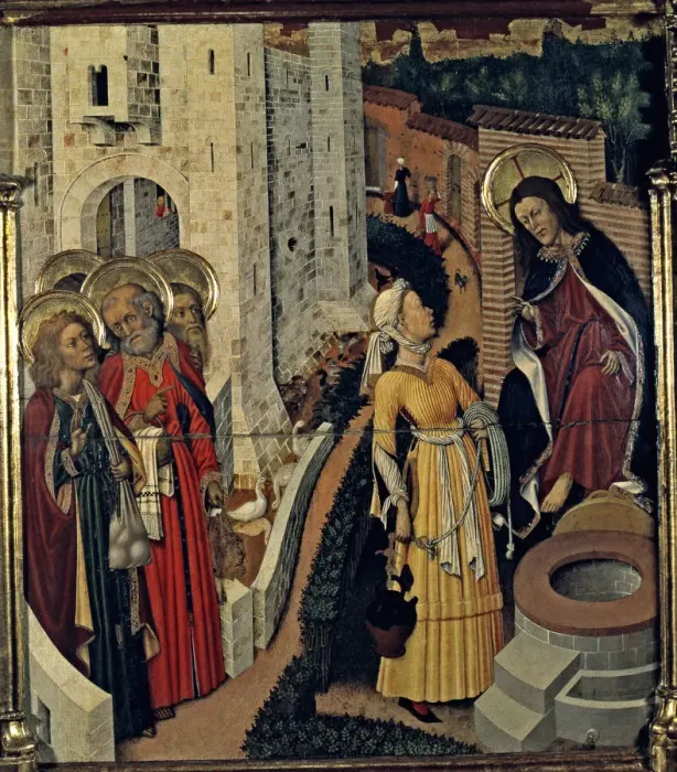 Framed Print : Altarpiece of the Transfiguration. Jesus and the Samaritan woman in the Table of the predella Framed Print : Altarpiece of the Transfiguration. Jesus and the Samaritan woman in the Table of the predella