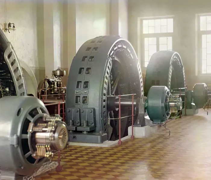 Framed Print : Alternators made in Budapest, Hungary, in the power generating hall of a... between 1905-1915. Creator: Sergey Mikhaylovich Prokudin-Gorsky Framed Print : Alternators made in Budapest, Hungary, in the power generating hall of a... between 1905-1915. Creator: Sergey Mikhaylovich Prokudin-Gorsky