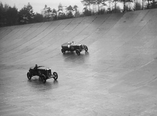 Alvis and Sunbeam stripped 4-seaters racing at a BARC meeting, Brooklands, Surrey