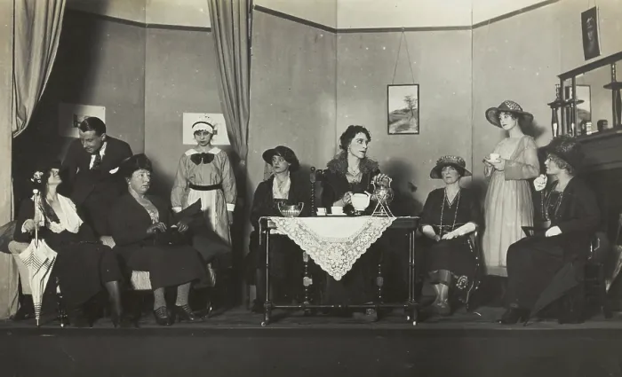 Framed Print : Amateur actors, some in drag, are having tea on stage, [between 1920 and 1929?]. Creator: Unknown