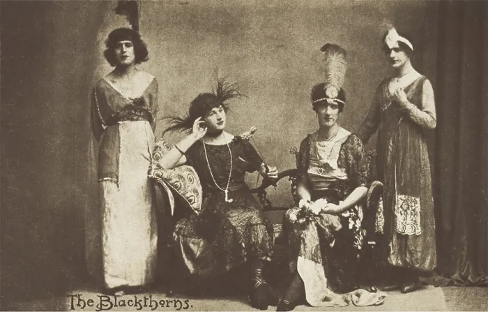 Framed Print : Amateur actors in drag, pose on stage as 'The Blackthorns', (between 1910 and 1919?). Creator: Unknown Framed Print : Amateur actors in drag, pose on stage as 'The Blackthorns', (between 1910 and 1919?). Creator: Unknown