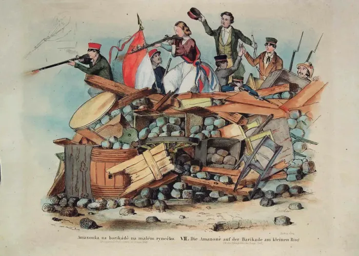 Framed Print : The Amazon on the barricade at the Small Ring in Prague, 1848. Creator: Andel, Bedrich (1821-1895) Framed Print : The Amazon on the barricade at the Small Ring in Prague, 1848. Creator: Andel, Bedrich (1821-1895)