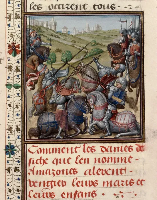 Framed Print : Amazons in battle. From Histoire ancienne jusqu'à César by Wauchier de Denain, ca. 1470-1480. Creator: Anonymous Framed Print : Amazons in battle. From Histoire ancienne jusqu'à César by Wauchier de Denain, ca. 1470-1480. Creator: Anonymous