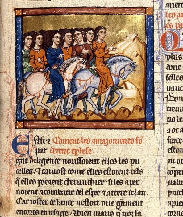 Framed Print : Amazons. From Histoire ancienne jusqu'à César by Wauchier de Denain, c. 1260-1270. Creator: Anonymous Framed Print : Amazons. From Histoire ancienne jusqu'à César by Wauchier de Denain, c. 1260-1270. Creator: Anonymous