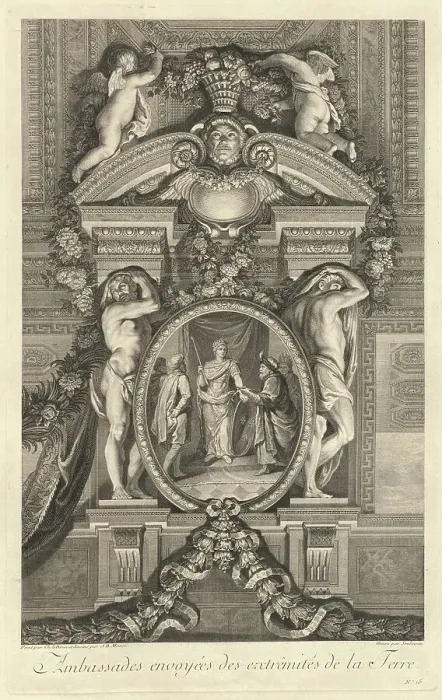 Framed Print : Ambassades envoyées des extrêmités de la Terre (Embassies Sent...) [pl. 15], published 1752. Creators: Jean-Baptiste Masse, Pierre Soubeyran