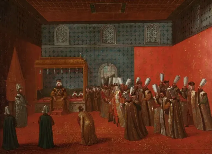 Framed Print : Ambassador Cornelis Calkoen at his Audience with Sultan Ahmed III, c.1727-c.1730. Creator: Jean Baptiste Vanmour Framed Print : Ambassador Cornelis Calkoen at his Audience with Sultan Ahmed III, c.1727-c.1730. Creator: Jean Baptiste Vanmour