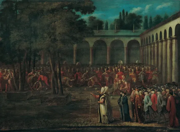 Framed Print : The Ambassadorial Delegation Passing through the Second Courtyard of the Topkapı Palace, 1720s. Artist: Vanmour (Van Mour), Jean-Baptiste (1671-1737) Framed Print : The Ambassadorial Delegation Passing through the Second Courtyard of the Topkapı Palace, 1720s. Artist: Vanmour (Van Mour), Jean-Baptiste (1671-1737)