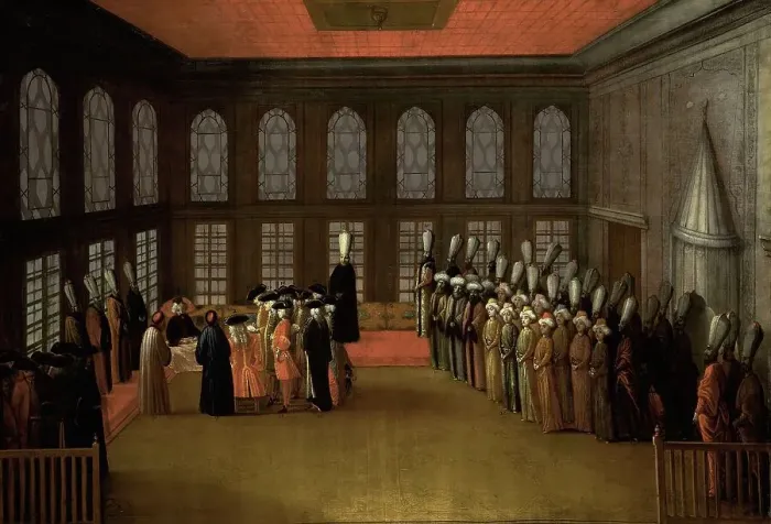 Framed Print : An Ambassador's Audience with the Grand Vizier in his Yali on the Bosporus (Ambassador Cornelis Calk Creator: Anon) Framed Print : An Ambassador's Audience with the Grand Vizier in his Yali on the Bosporus (Ambassador Cornelis Calk Creator: Anon)