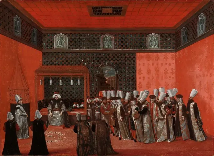 Framed Print : An Ambassador's Audience with Sultan Ahmed III (Ambassador Cornelis Calkoen), 1737-1744. Creator: Anon Framed Print : An Ambassador's Audience with Sultan Ahmed III (Ambassador Cornelis Calkoen), 1737-1744. Creator: Anon