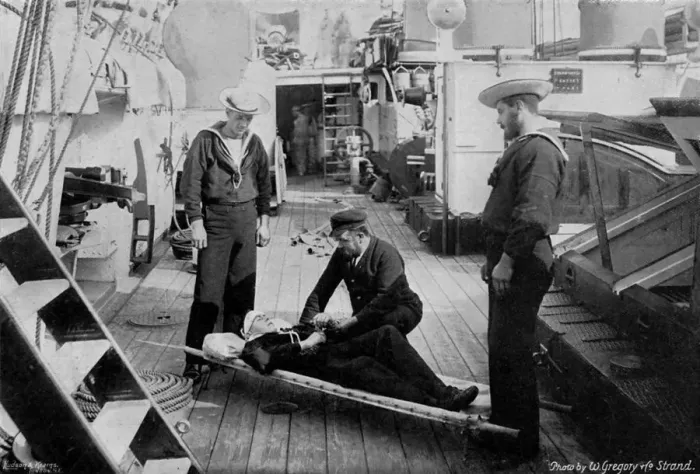 Framed Print : Ambulance drill on board the cruiser HMS Tartar, 1896. Artist: W Gregory Framed Print : Ambulance drill on board the cruiser HMS Tartar, 1896. Artist: W Gregory