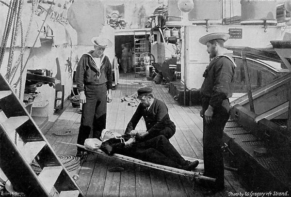 Ambulance drill on board the cruiser HMS Tartar, 1896. Artist: W Gregory