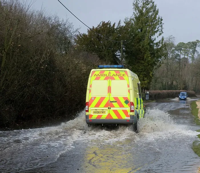 Framed Print : Ambulance driving through Floods at Beauleu 2008 Framed Print : Ambulance driving through Floods at Beauleu 2008
