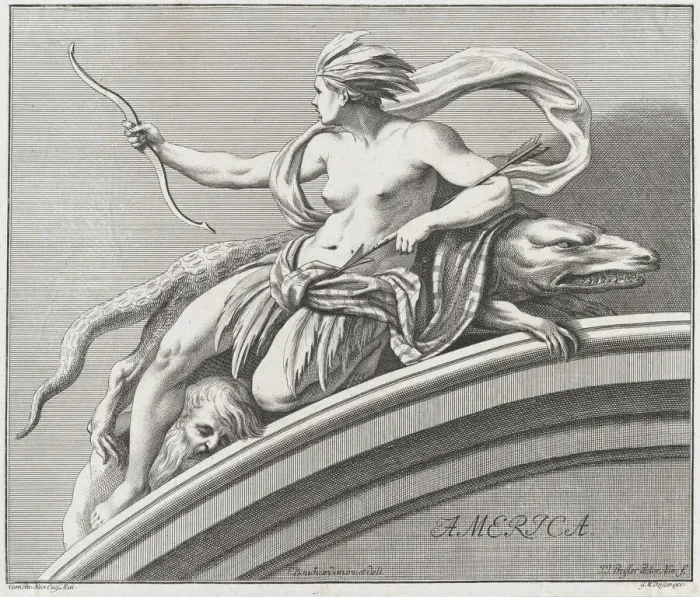 Framed Print : America, 1732. Creator: Johann Justin Preissler