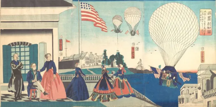 Framed Print : America: Enjoying Hot Air Balloons, 1867. Creator: Utagawa Yoshitora Framed Print : America: Enjoying Hot Air Balloons, 1867. Creator: Utagawa Yoshitora