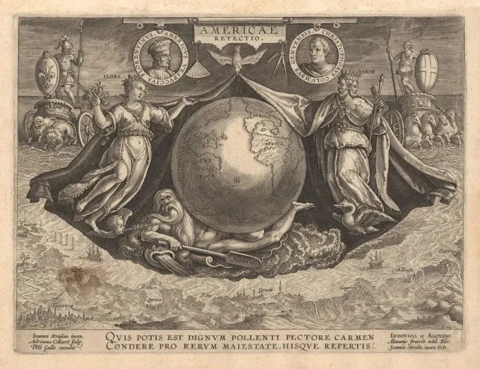 Framed Print : Americae Retectio (Cover), 1591. Artist: Galle, Philipp (1537-1612) Framed Print : Americae Retectio (Cover), 1591. Artist: Galle, Philipp (1537-1612)