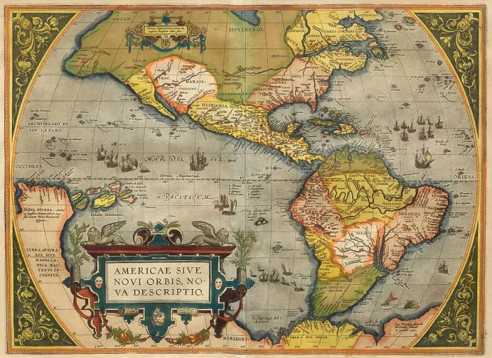 Framed Print : Americae Sive Novi Orbis Nova Descripto. From Theatrum Orbis Terrarum, 1572. Creator: Ortelius, Abraham (1527-1598) Framed Print : Americae Sive Novi Orbis Nova Descripto. From Theatrum Orbis Terrarum, 1572. Creator: Ortelius, Abraham (1527-1598)