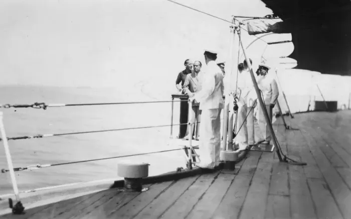 Framed Print : American actor and film director Douglas Fairbanks, Sr on board HMS Malaya, Venice, Italy 1938 Framed Print : American actor and film director Douglas Fairbanks, Sr on board HMS Malaya, Venice, Italy 1938