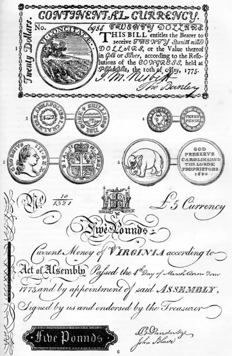 Framed Print : American coins and paper money, 17th-18th century (c1880) Framed Print : American coins and paper money, 17th-18th century (c1880)