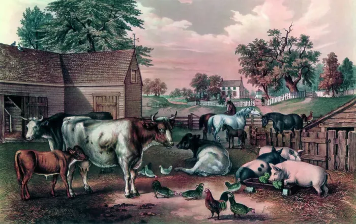 Framed Print : American Farm Yard in the Evening, 1857. Artist: Currier and Ives Framed Print : American Farm Yard in the Evening, 1857. Artist: Currier and Ives