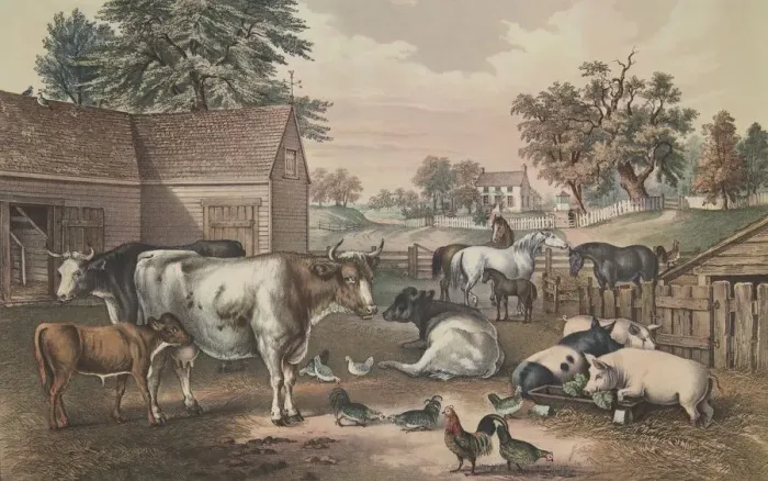 Framed Print : American Farm Yard - Evening, pub. 1857, Currier & Ives (Colour Lithograph) Framed Print : American Farm Yard - Evening, pub. 1857, Currier & Ives (Colour Lithograph)